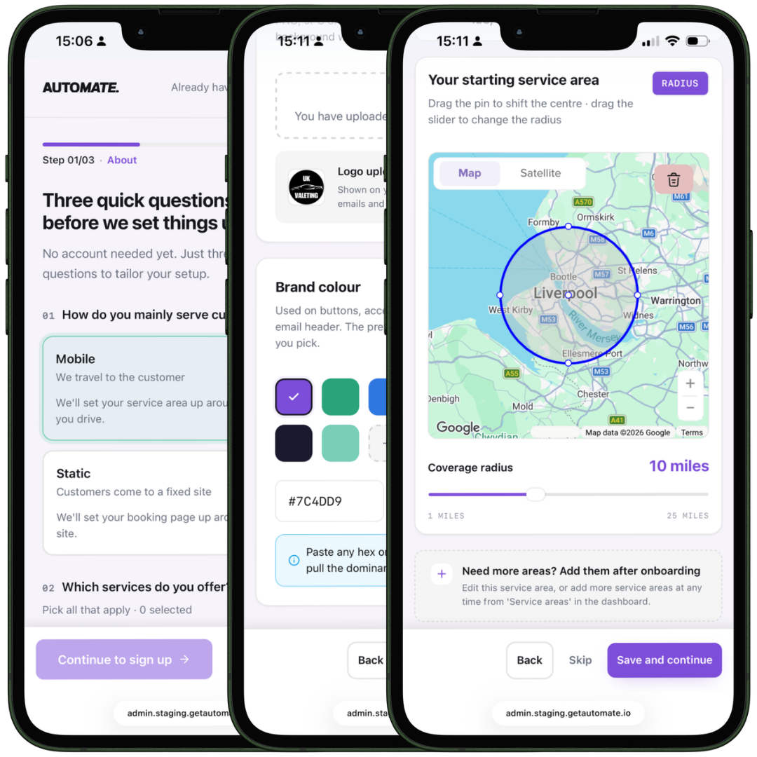 Setting up Automate on a phone, choosing your brand colour and starting service area as part of onboarding