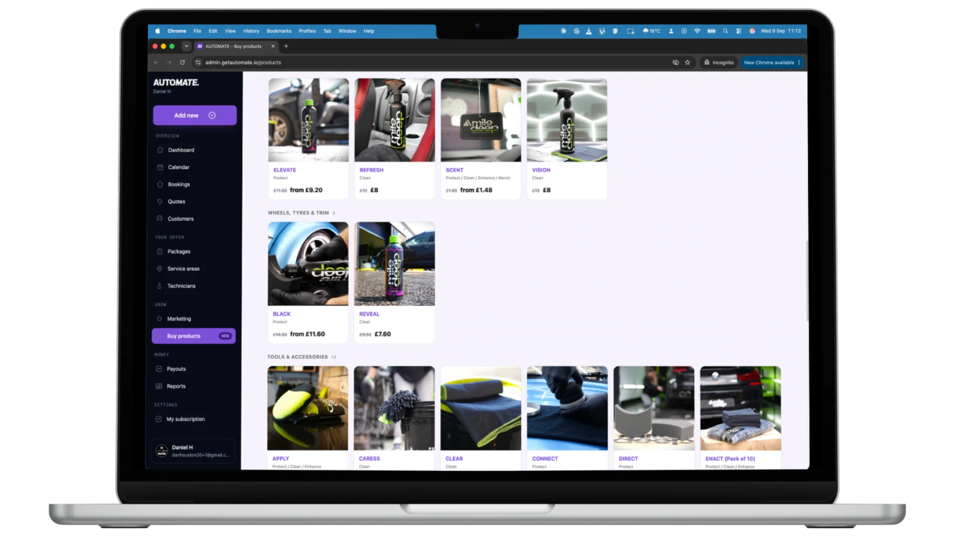 The Automate Store products page inside the admin dashboard, showing Mile Deep products with exclusive member pricing