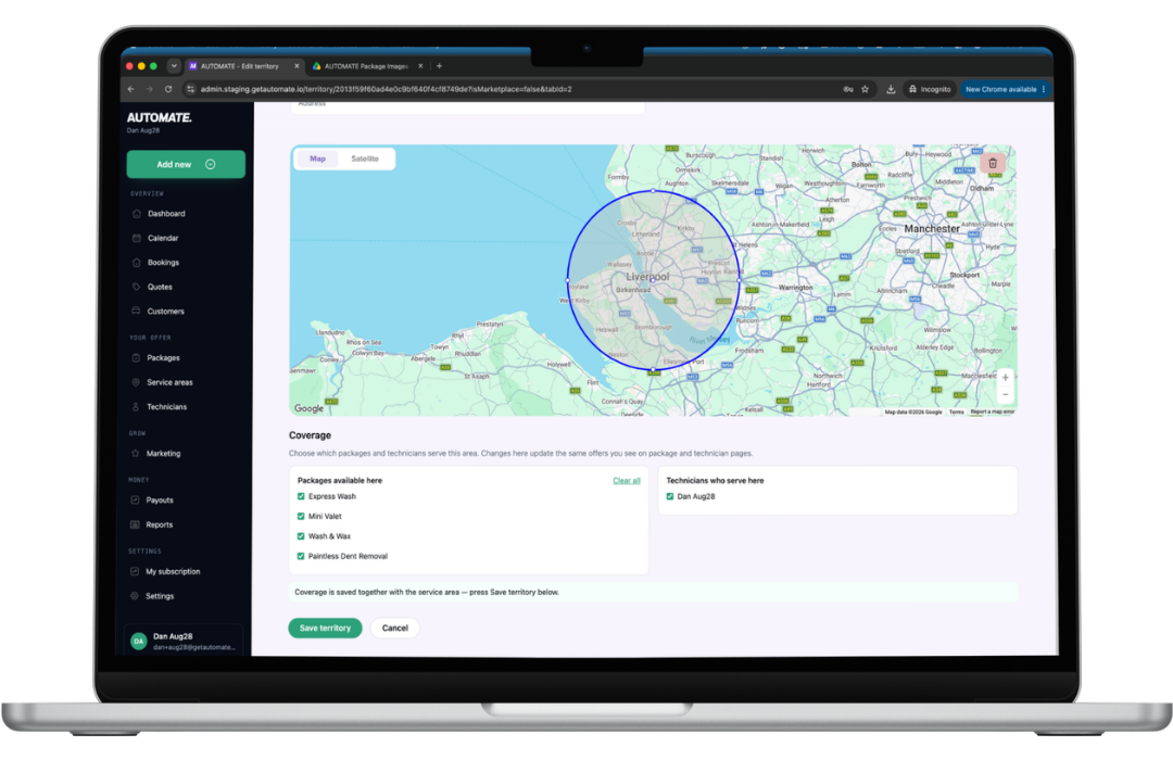 The territory editor with a service area on the map, and the packages and technicians that serve it listed alongside