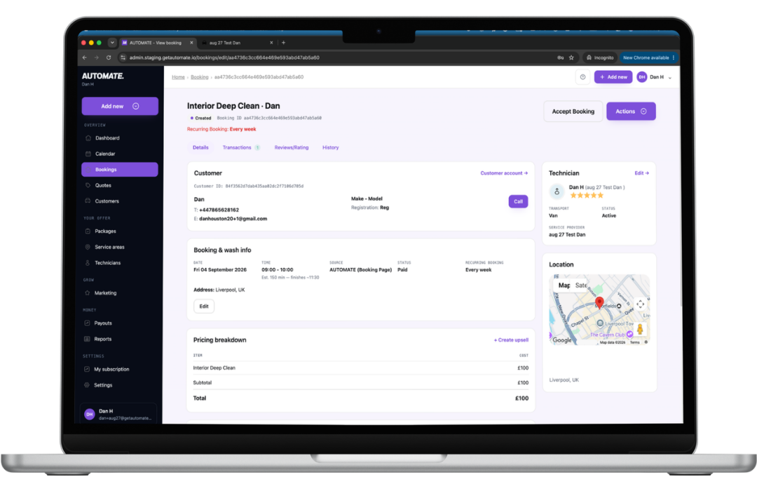 The redesigned booking detail page, with the customer, vehicle, service, money and history on one page