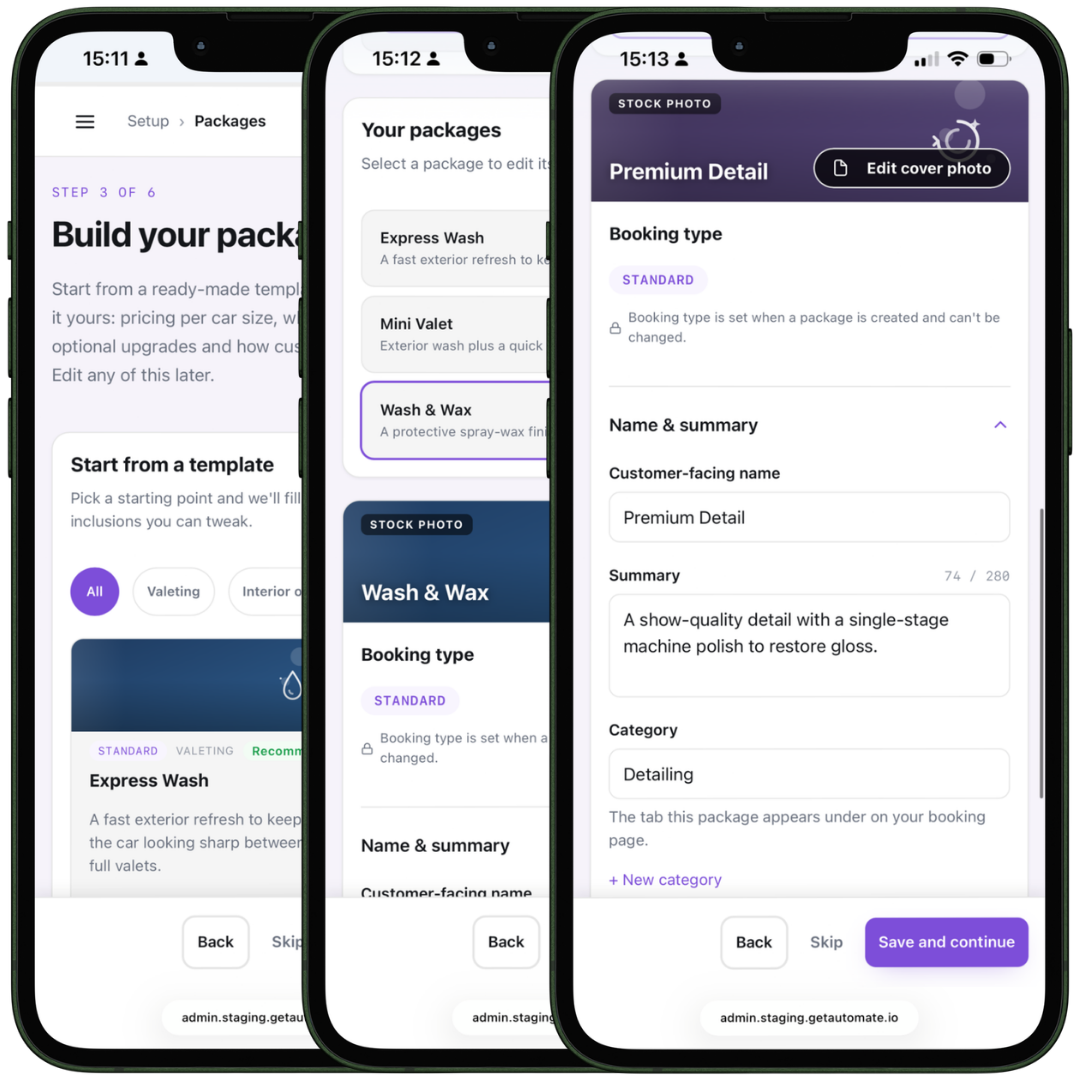 Building a package on a phone, starting from a template and editing the name, summary and category