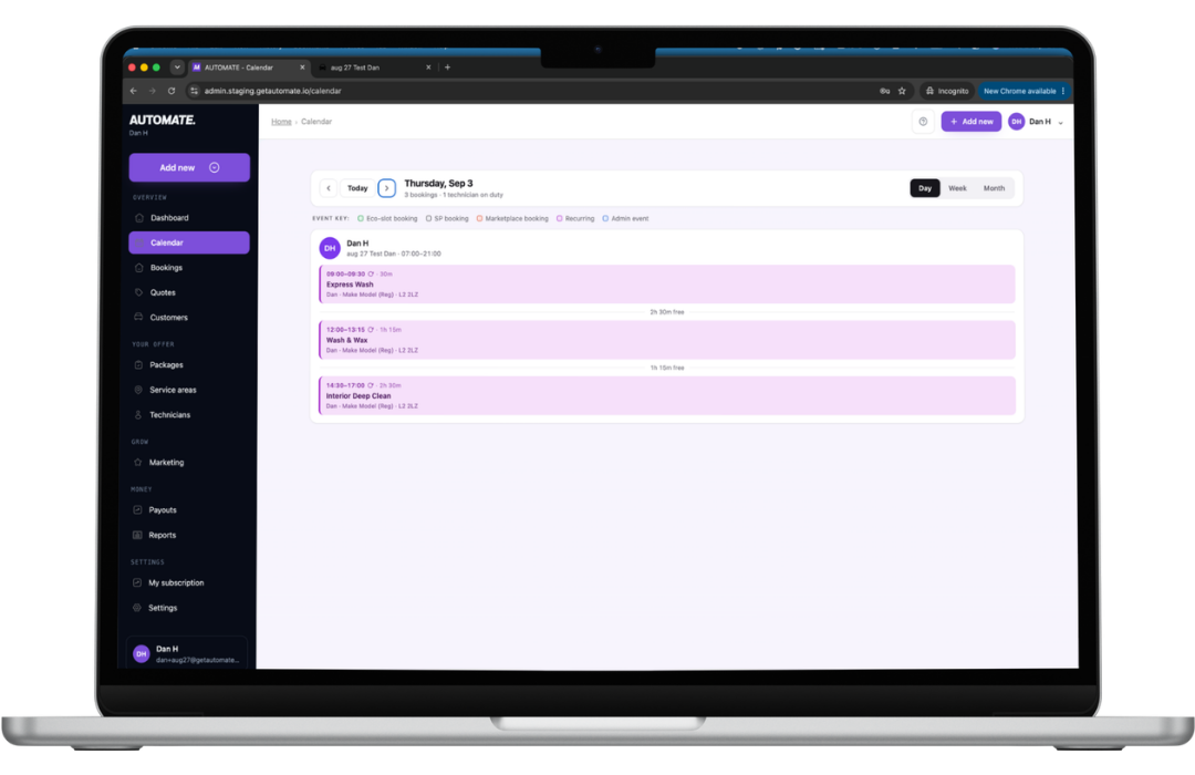 The calendar day view with bookings stacked