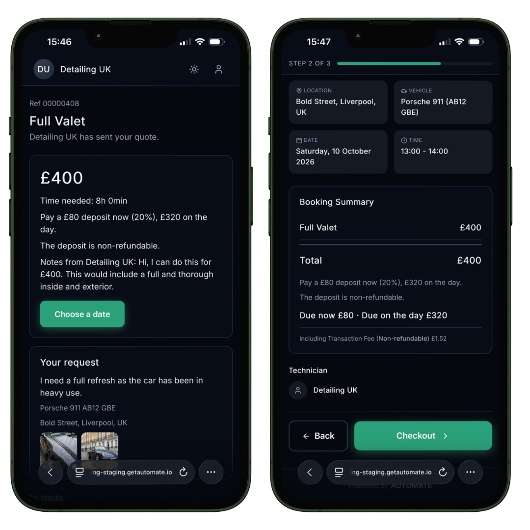 A customer reviewing a £400 Full Valet quote with deposit terms on one phone, and the booking summary showing the chosen date and time on the other.