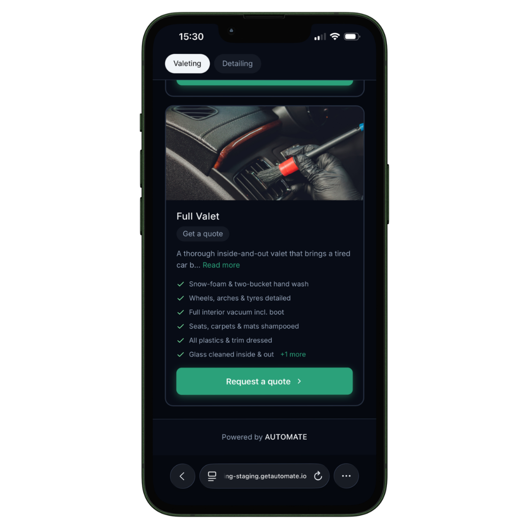 A quotable Full Valet package on an Automate booking page, showing a Get a quote badge and a Request a quote button.