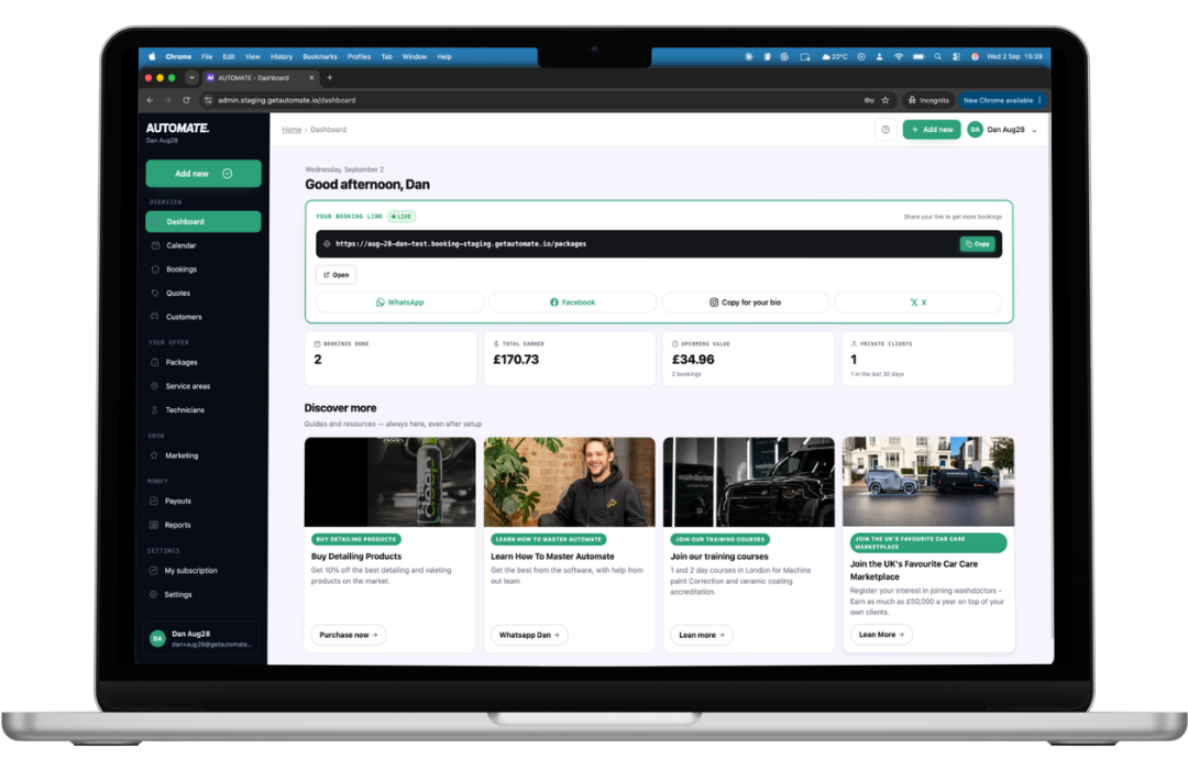 The rebuilt Automate dashboard showing your booking link, bookings, earnings and upcoming value