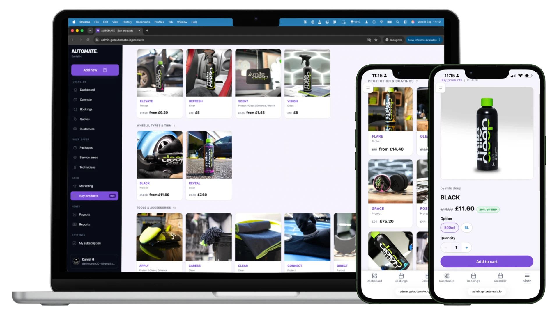 The Automate Store shown on a laptop and phone, with product categories for supplies, chemicals, ceramic coatings and equipment