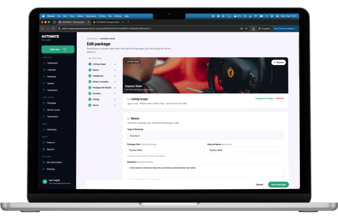 The rebuilt package editor in Automate, with the Express Wash package open showing booking type, customer-facing title, internal name and summary