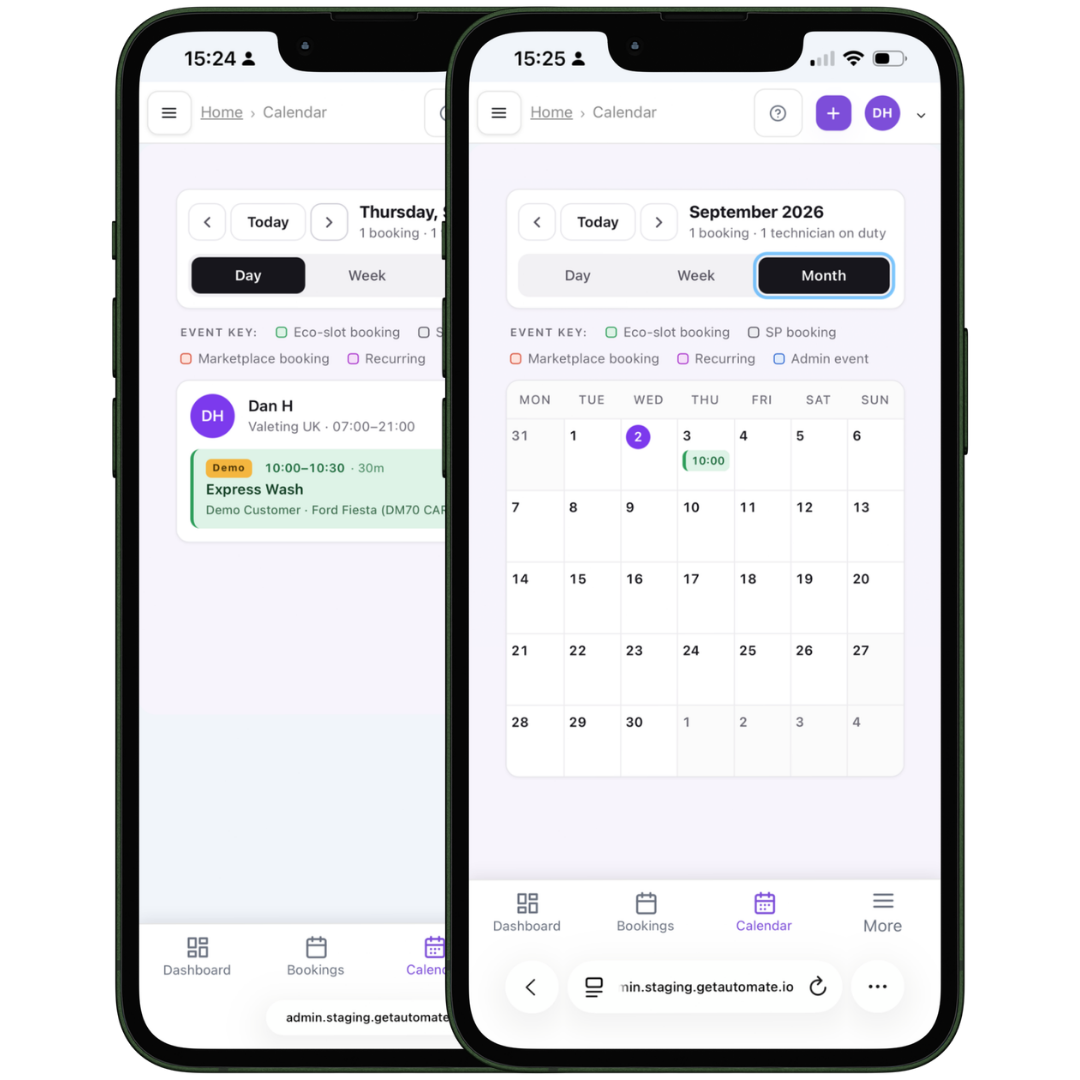 The Automate calendar on a phone, with the month view in front and a booking open in the day view behind it