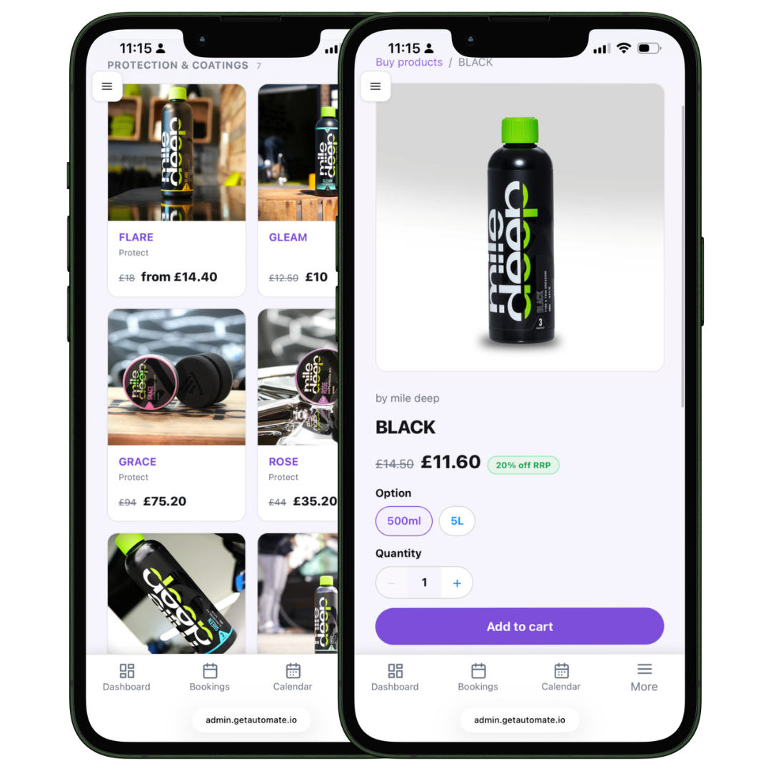 Automate Store product pages on mobile showing Mile Deep products with exclusive member pricing and size options