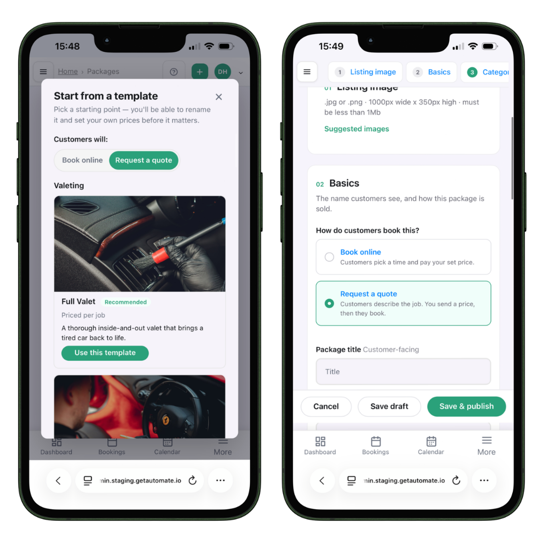 The Automate template picker filtered to customers who request a quote, next to the package editor with Request a quote selected as the booking method.