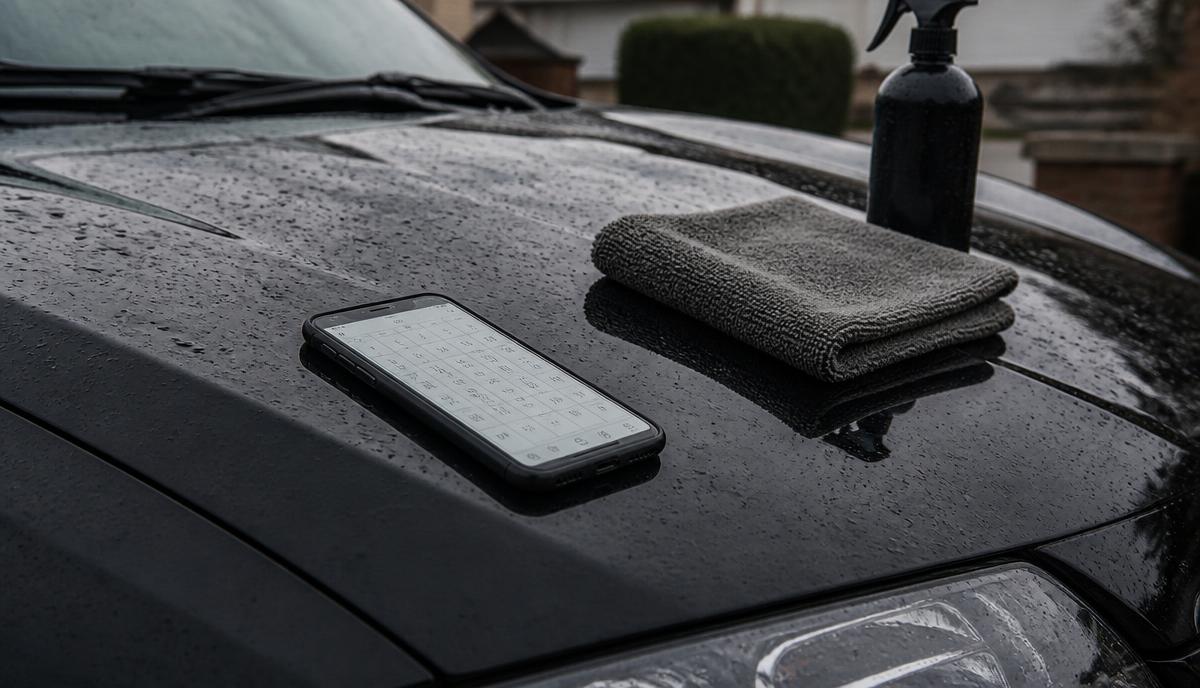 Phone showing a plain calendar grid resting on the wet bonnet of a freshly detailed black car, with a microfibre cloth and spray bottle alongside