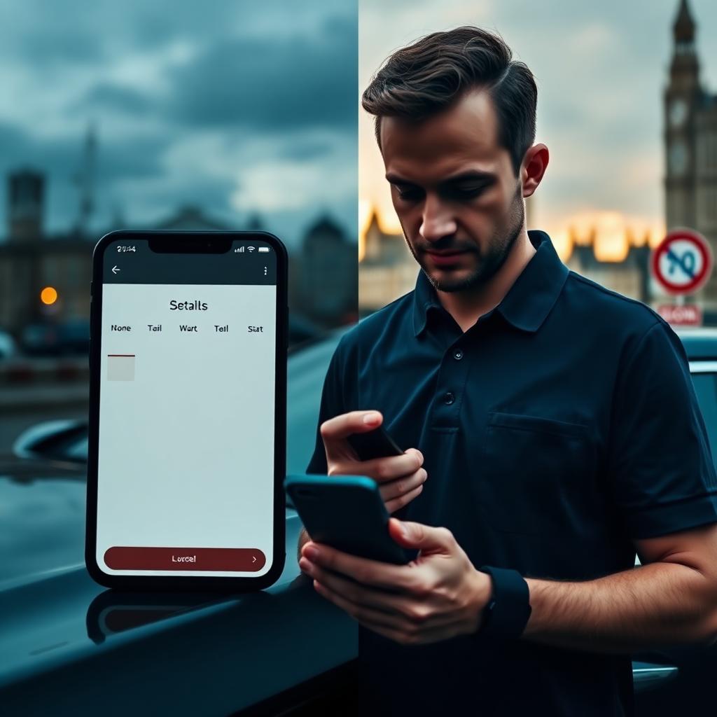 Side-by-side: a generic phone calendar app next to a UK mobile detailer checking a booking on his phone with a London skyline behind him