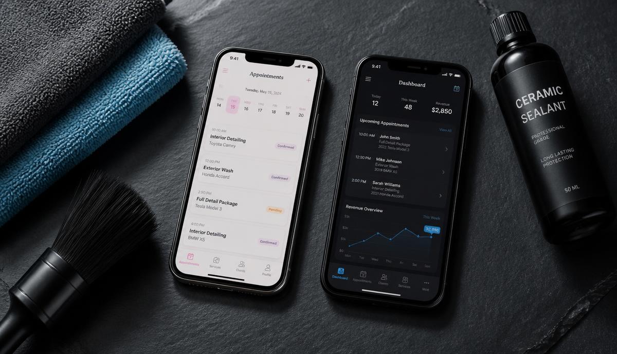 Two phones on slate, one showing a pastel salon appointments app and one a dark detailing booking dashboard, beside microfibre towels and ceramic sealant