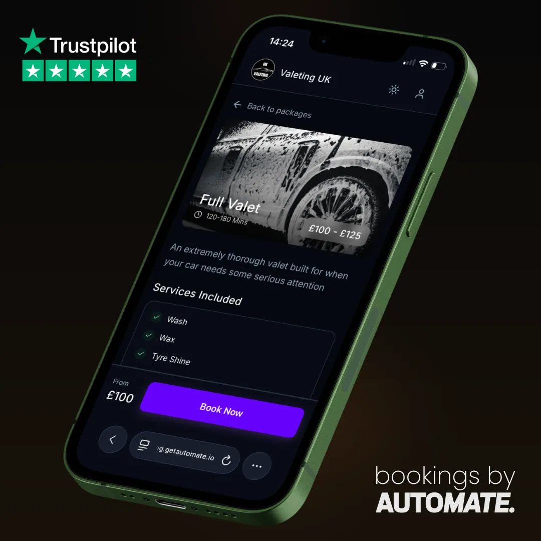 Modern dark-themed mobile valeting booking page with checkout summary on a phone screen