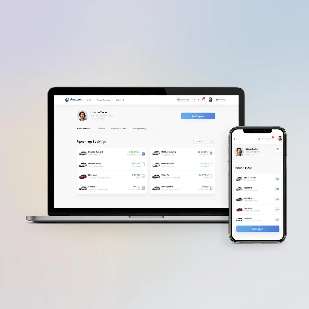Customer portal interface mockup on laptop and phone showing upcoming bookings, vehicle list and a book again button
