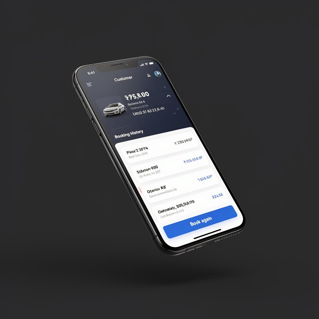 Smartphone mockup showing a customer profile screen with vehicle details, booking history and a book again button