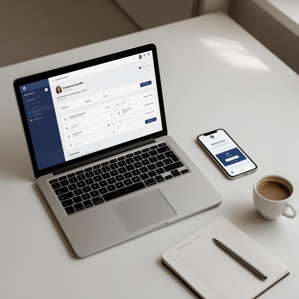 Overhead view of a laptop showing a customer profile, a phone with a booking confirmation, a notebook and coffee on a clean desk