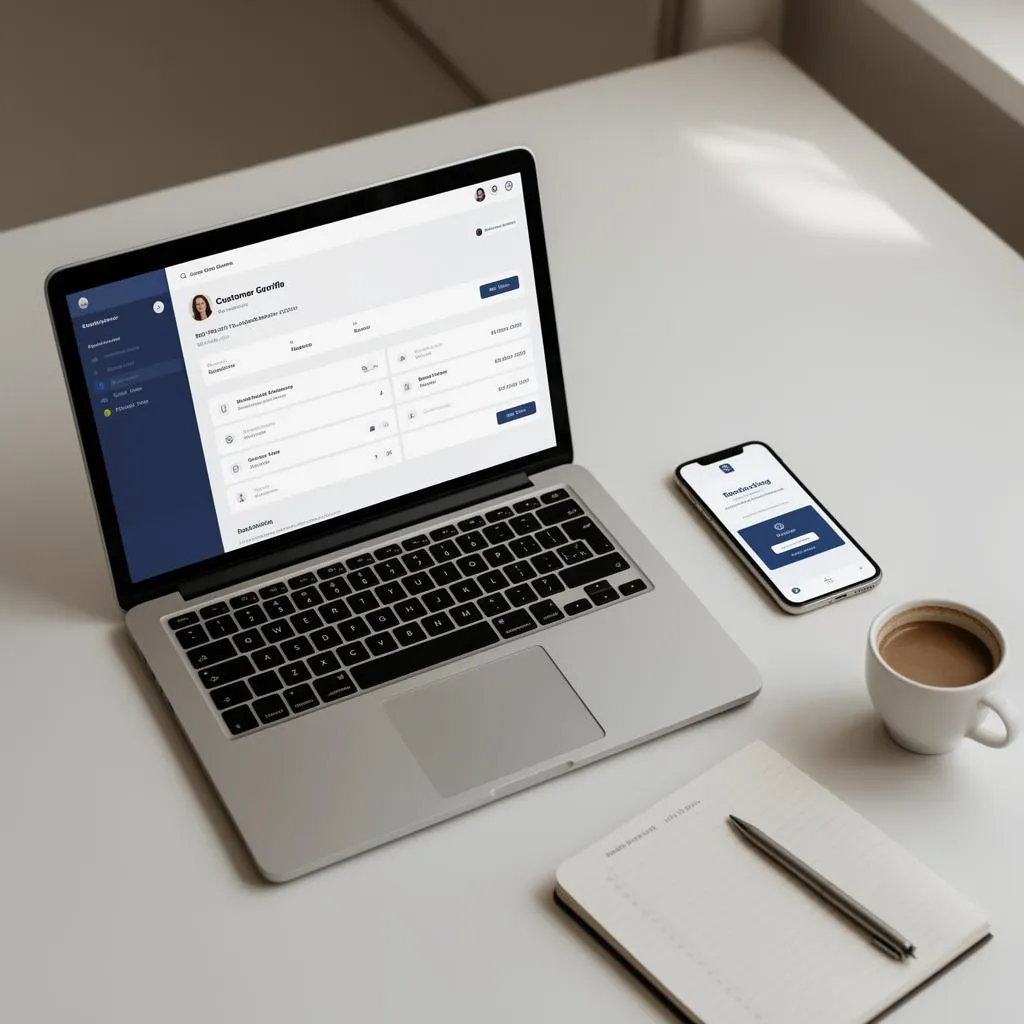 Overhead view of a laptop showing a customer profile, a phone with a booking confirmation, a notebook and coffee on a clean desk