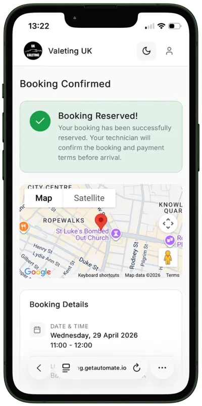 Automate mobile app booking confirmation screen with map and booking details